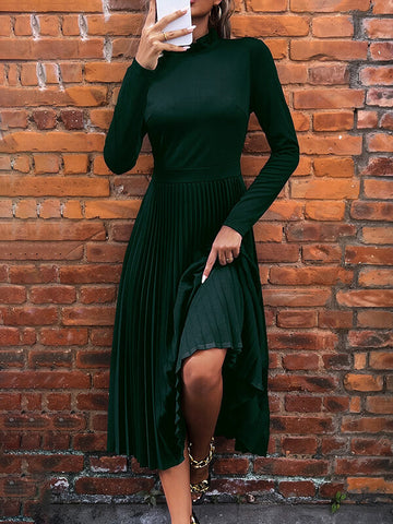 Woochic robe longue unicolore plissé col roulé manches longues élégant